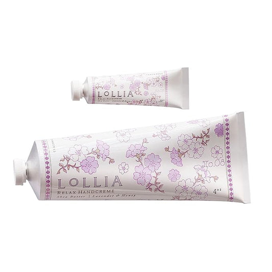 LOLLIA Relax Handcreme Bundle, 4 oz. & .33 oz. – Lavender & Honey – Scented Hand Cream for Women, Moisturizing Hand Lotion for Dry Hands, Shea & Cocoa Butter, Quick Absorbing Lotion, Travel Lotion