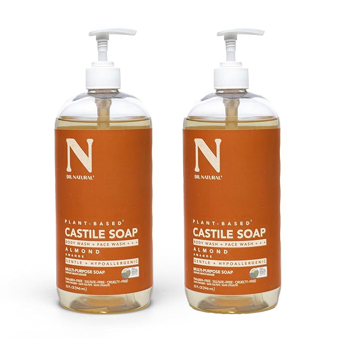 Dr. Natural Castile Liquid Soap - Multi-Use Body Wash, Shampoo and Face Wash - Hydrating Body Soap for Skin, Hair, Pets and Home - Almond - 2 pc