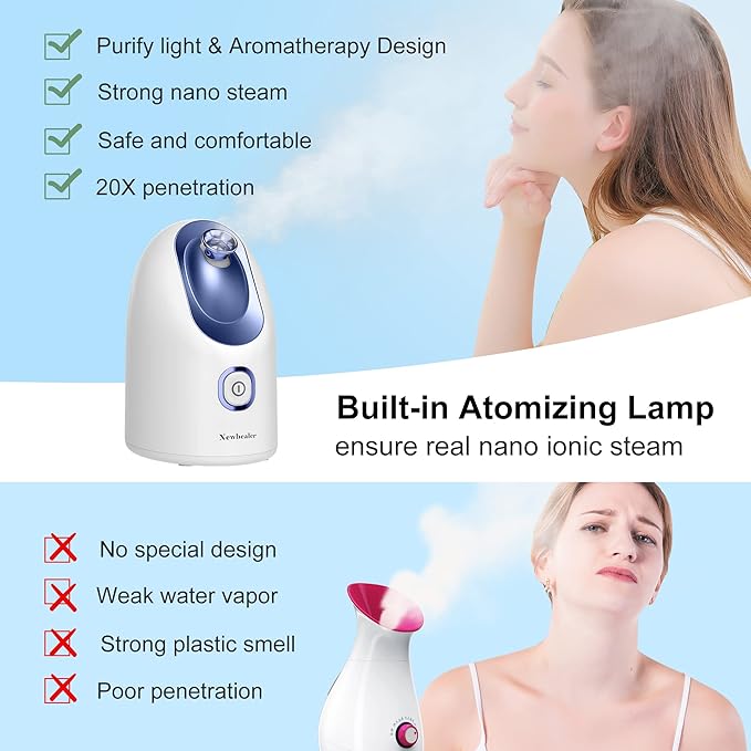 Newbealer Facial Steamer, Mini Aroma Face Steamer, Nano Ionic Hot Mist Face Humidifier for Facial Deep Cleaning, Home Sauna Spa Sprayer with 9 Pieces Acne Remover Kit (Blue, 160ml)