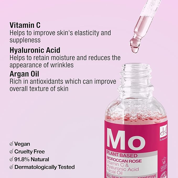 Dr Botanicals Moroccan Rose Oil -With Vitamin C & Hyaluronic Acid – Anti-Ageing, Brightening & Hydrating Water-Based Serum - Glow-Boosting Facial Oil for Radiant Skin – Made in UK – 30ml
