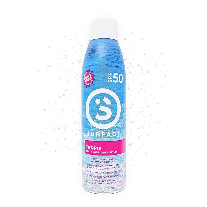 Surface Sunscreen Spray SPF 50 for Body, Lightweight Natural Formula, Reef Friendly, Broad Spectrum UVA UVB Protection, Water Resistant Sun Care for 80 Minutes Outdoor Use, Tropical Scent, 6oz