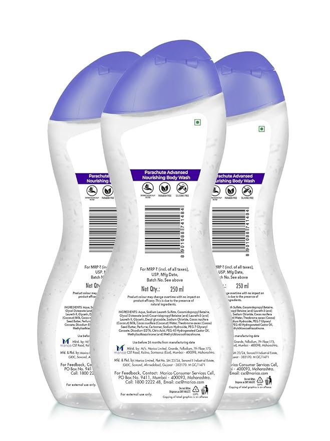 Parachute Advansed Nourishing Body Wash with Natural Coconut Milk & Cocoa Butter| Nourishes & Hydrates Skin| For Soft, Supple, Moisturized Skin | 100% Soap Free| 8.4 Fl oz PACK OF 3
