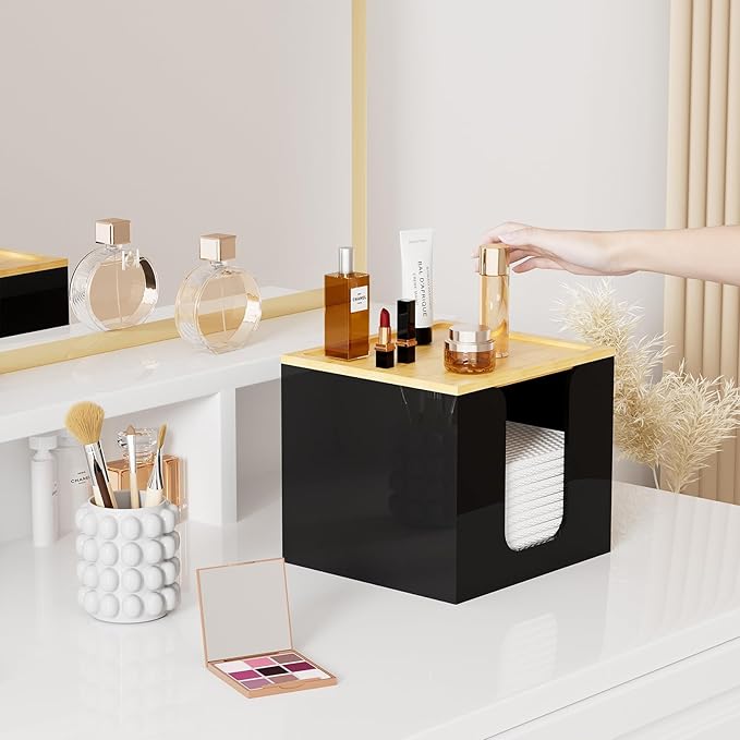 VITVITI Disposable Face Towel Holder Box, Acrylic Facial Towel Container for XL Clean Skin Club, Large Disposable Face Towels Storage with Bamboo Lid, for Bathroom, Vanity Makeup, Black