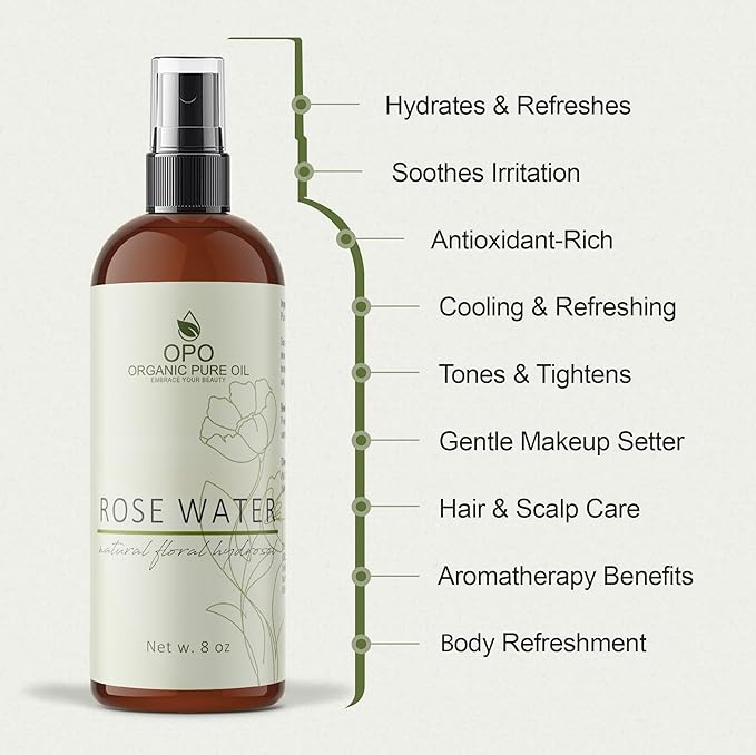 8oz Rose Hydrosol Water - 100% Pure Rose Hydrosol Cleanser - Hydrating Facial Toner Rose Water for Skin Face and Hair, Linen for Sheets, Room Freshener, Body Fragrance by Organic Pure Oil