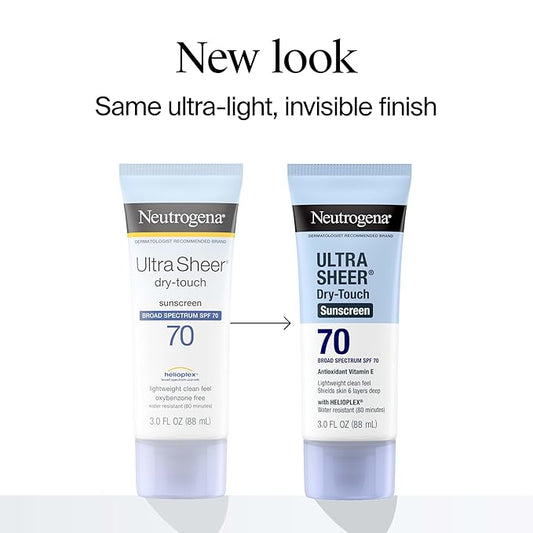 Neutrogena Ultra Sheer Dry-Touch Sunscreen Lotion SPF 70, Broad Spectrum, Water Resistant 80 Min, Oil-Free, Oxybenzone-Free, Non-Comedogenic, Matte Finish, Body Sunscreen, Travel Size 3 Fl Oz