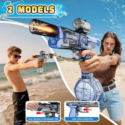 2 Pack Electric Water Guns with Muzzle Flash for Adults & Kids, Automatic Water Gun with 28-32 FT Long Range, Powered Water Gun Summer Outdoor Pool Beach Toy (Blue+Black)