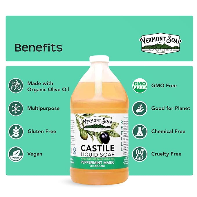Vermont Castile Soap Peppermint, Gentle Liquid Soap for Sensitive Skin & Natural Body Wash, Organic Hair Shampoo for Oily Hair, Aloe Castile Soap for Men & Women - 64 Oz