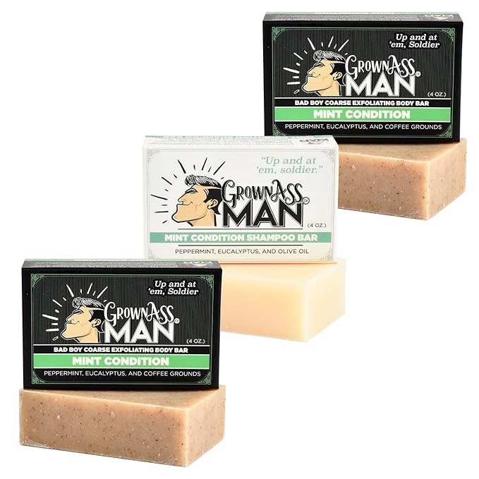 Grown Ass Man Co. Combo Packs - Solid Soap & Shampoo Bars Rich Lather with Natural Oils & Gentle Scrub for Men - Plastic Free & Eco-Friendly, & Organic Deep Clean, 4oz Bars (Mint Condition 3-Pack)