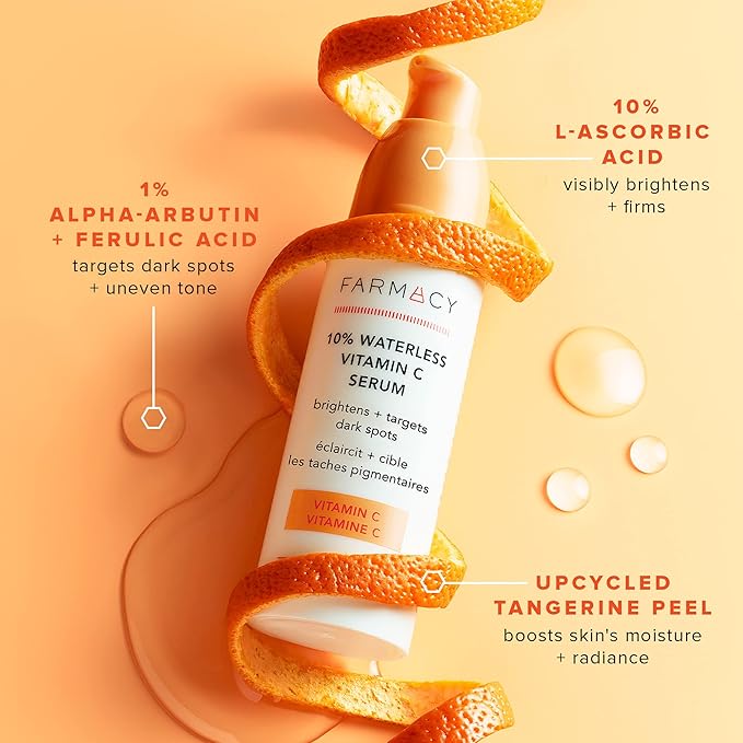 Farmacy 10% Vitamin C Serum for Face - Brightening Vitamin C Face Serum to Firm + Smooth Skin Texture - L Ascorbic Acid + Tangerine Peel Infused Skin Care to Hydrate and Even Skin Tone (30ml)
