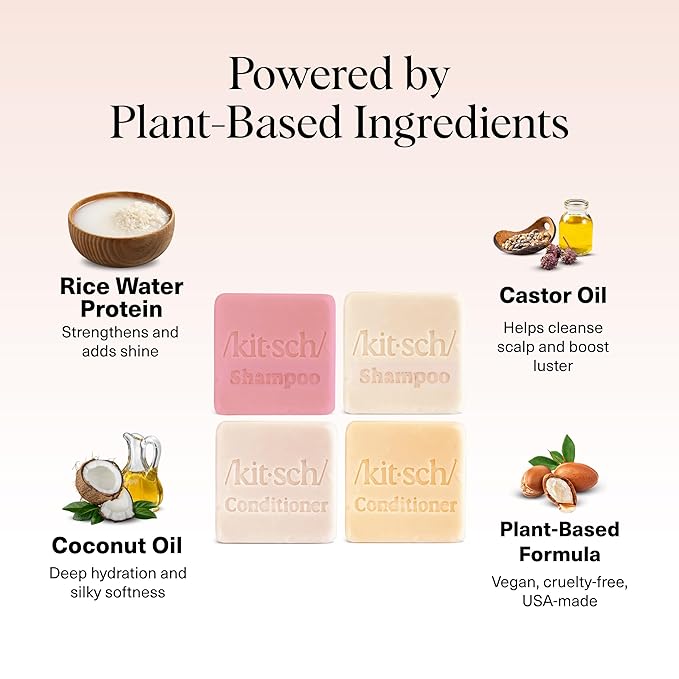 Kitsch Shampoo and Conditioner Set - 4pc Sampler Bars with Rice Water Shampoo and Conditioner, Castor Oil Shampoo & Coconut Oil Conditioner - Bottle-Free Beauty for Hair Growth, Repair & Moisture
