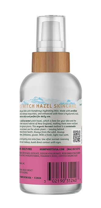 Humphreys Witch Hazel Hydrating Toner Mist Spray | Balancing & Hydrating Facial Toner | Alcohol-Free | Wild Harvested Witch Hazel | Soothing Rose Water | 3.3 Fl Oz Travel Size | Vegan & Cruelty-Free