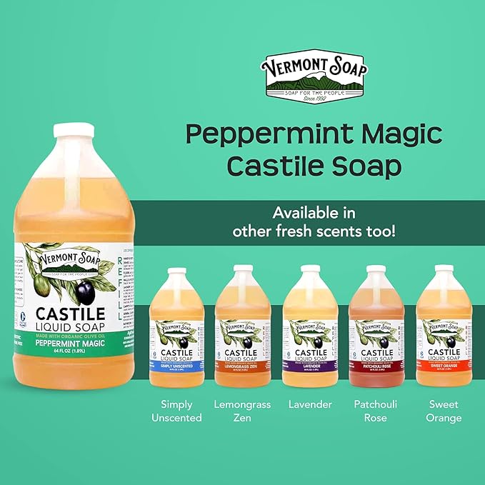 Vermont Castile Soap Peppermint, Gentle Liquid Soap for Sensitive Skin & Natural Body Wash, Organic Hair Shampoo for Oily Hair, Aloe Castile Soap for Men & Women - 64 Oz