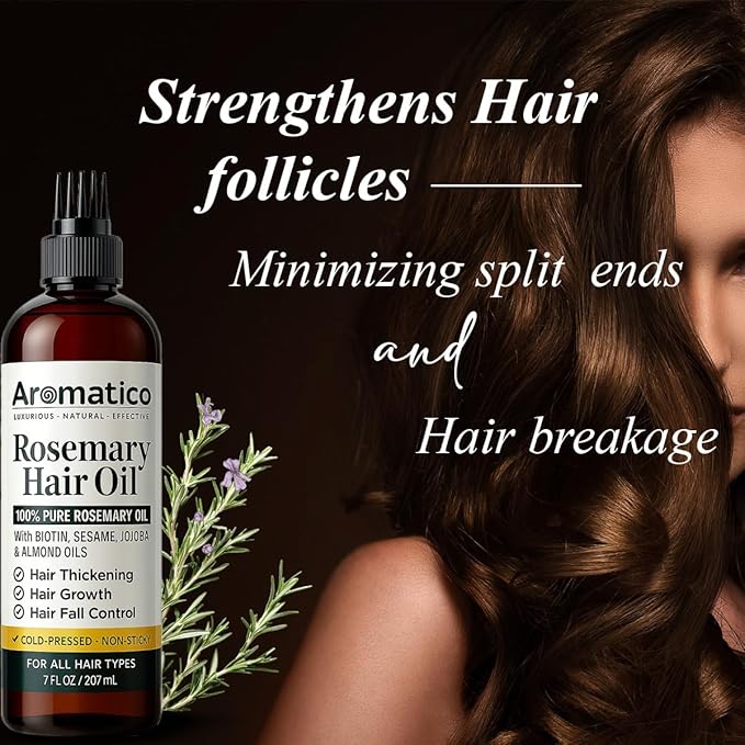 100% Pure Rosemary Oil for Hair Growth, Hair-fall Control & Hair Thickening. Enriched with Sesame, Jojoba & Almond Oils. Non-Sticky Texture. With Applicator Cap - 7 Fl Oz