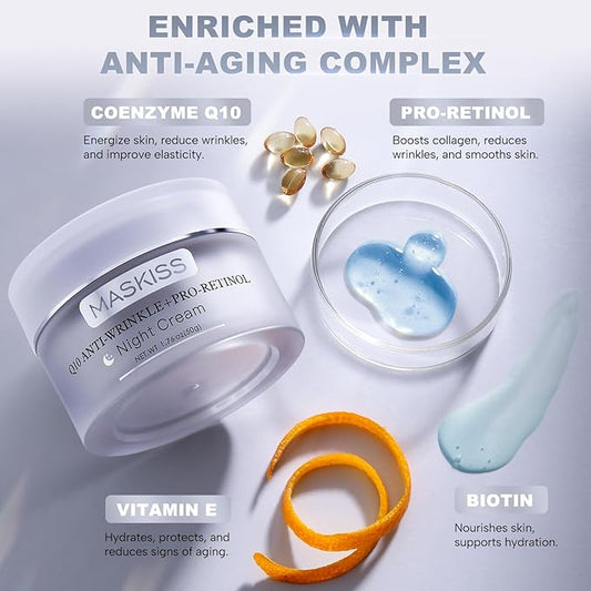 Firming Neck Cream & Anti-Wrinkle Night Cream with Coenzyme Q10 + Pro-Retinol, Unscented Skin Firming Neck Cream, Anti Aging Facial Moisturizer for Sensitive Skin, 1.76 Oz Jar