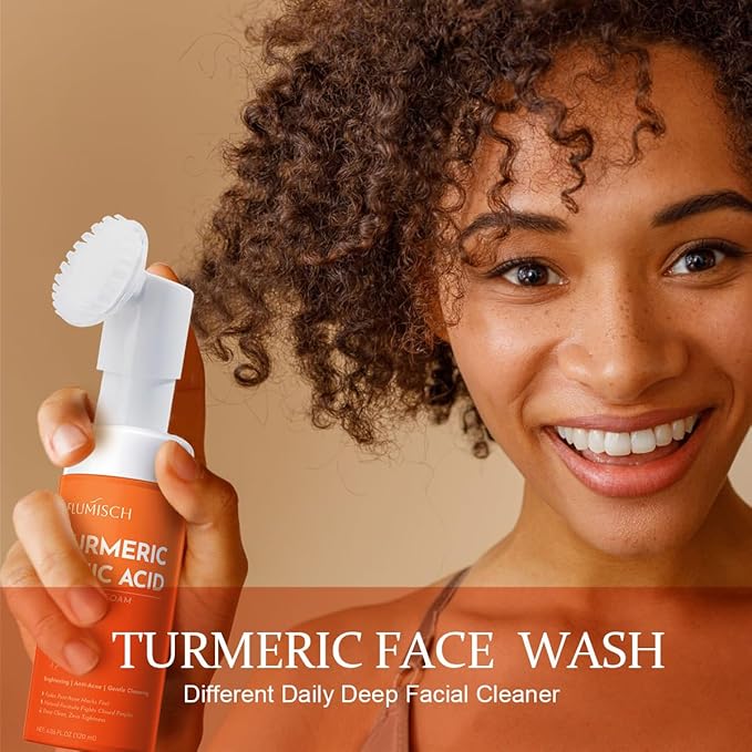 Turmeric Kojic Acid Foaming Facial Cleanser, Kojic Acid And Turmeric Exfoliating Face Wash With Brush (4.23 fl.Oz), 2pcs