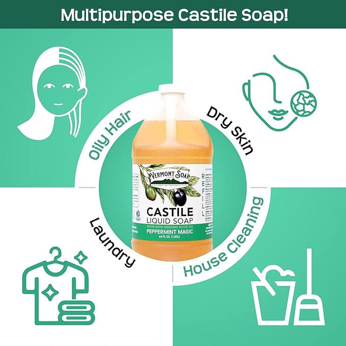 Vermont Castile Soap Peppermint, Gentle Liquid Soap for Sensitive Skin & Natural Body Wash, Organic Hair Shampoo for Oily Hair, Aloe Castile Soap for Men & Women - 64 Oz