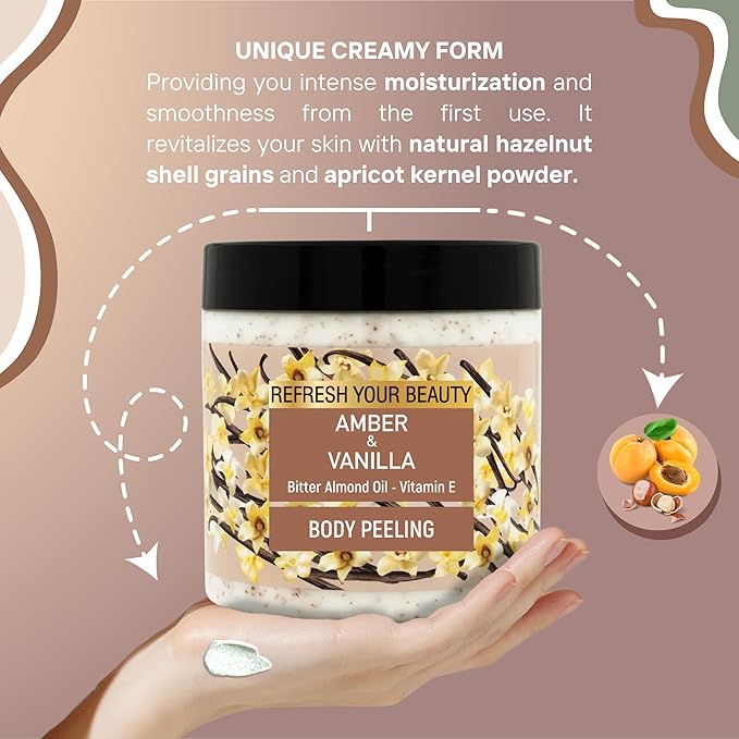 Body Scrub - Warm Vanilla & Amber Richness, Bitter Almond Oil, Nutshell & Apricot Kernel Granules and Vitamin E, Soft Peeling Effect, 16.9 fl.oz