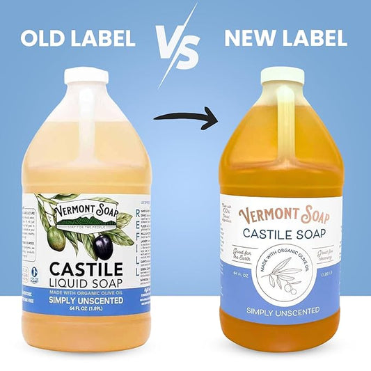 Vermont Castile Soap Unscented, Gentle Liquid Soap for Sensitive Skin & Natural Body Wash, Organic Hair Shampoo for Oily Hair, Aloe Castile Soap for Men & Women - 64 Oz