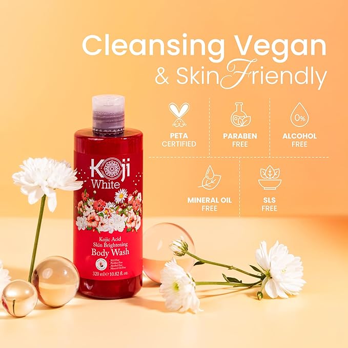 Koji White Kojic Acid Skin Brightening Body Wash - Daily Moisturizing Cleanser, Uneven Skin Tone with Flower Acid Extracts, Hyaluronic Acid, Vitamin E & B5, Vegan Body Wash, 10.82 Fl oz