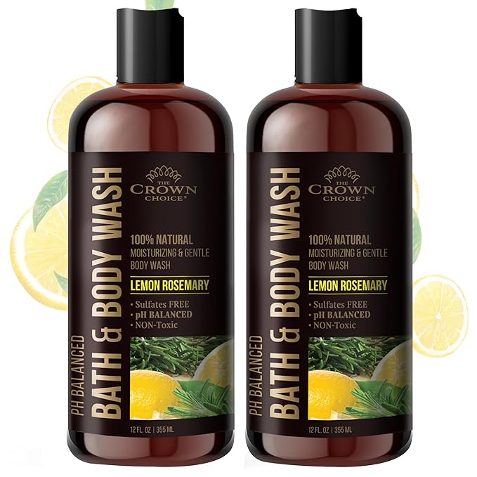 Natural Body Wash for Women, Men & Kids - Organic Lemon Rosemary - 12oz pH 5.5-Best pH Balance-Liquid Soap for All Skin Types-Moisturizing Sulfate & Chemical Free Shower / Bath Liquid Gel (Pack of 2)
