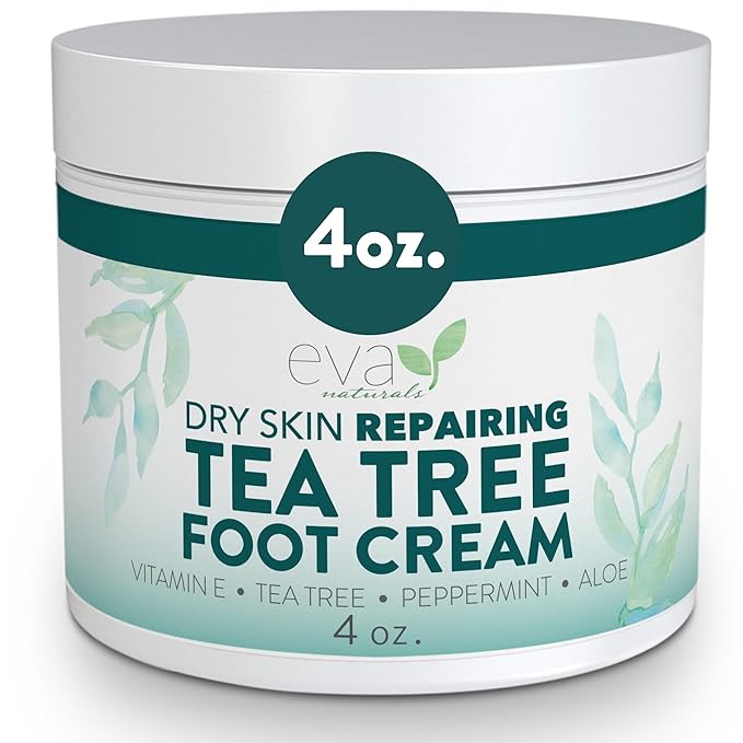 Eva Naturals Tea Tree Foot Cream – Moisturising Foot Lotion & Balm for Dry, Cracked Heels & Feet with Peppermint, Menthol, Spearmint, Aloe, Sunflower Oil & Geranium – Cream for Men & Women, 4 Fl Oz