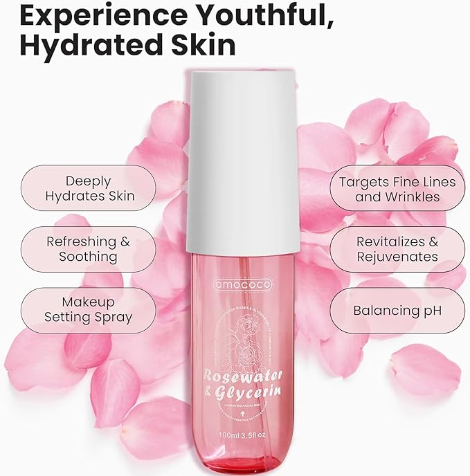 Rosewater Facial Mist 3.5fl oz, Hydrating Toner with Hyaluronic Acid & Damask Rose Oil, Purified Water, Glycerin, for All Skin Types, Sensitive Skin