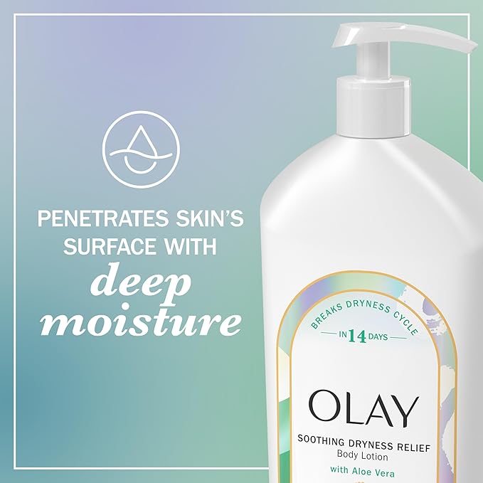 Olay Body Lotion for Women, Soothing Dryness Relief, 24hr Moisturizing & Deep Hydration, Absorbs Instantly, Penetrating Vitamin B3 Complex, For All Skin Types, Aloe Vera Scent, 18 fl oz
