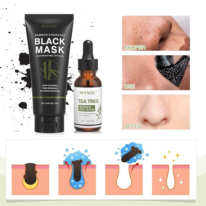 SHVYOG Blackhead Peel Off Face Mask, 3-in-1 Blackhead Remover Mask with Brush & Tea Tree Oil Serum, Charcoal Mask for Deep Cleansing Dirts, Pores, Skin Oil (100g+30ml)