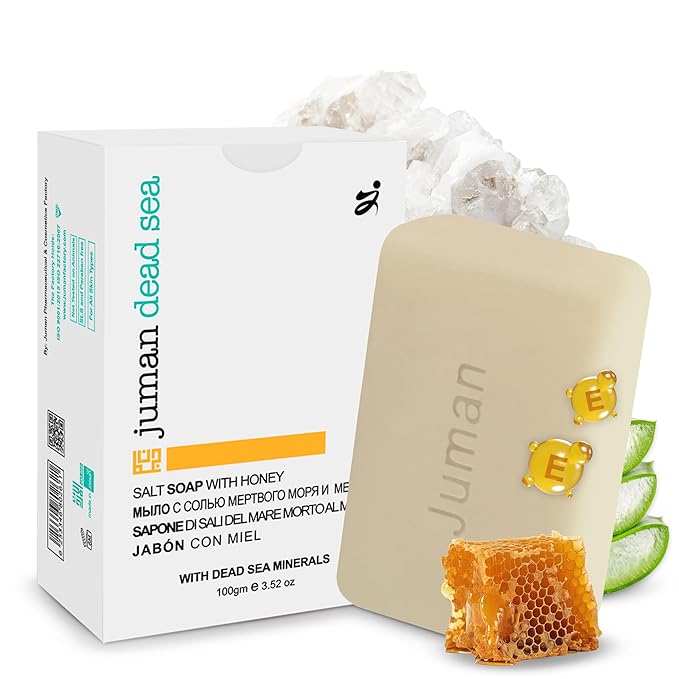 JUMAN Dead Sea Minerals Salt Soap for Acne and Dark Spots | Infused with Honey & Aloe Vera Gel Extract | Vitamin E | Moisturizing Soap Bar for Face and Body | 4oz (Pack of 4)