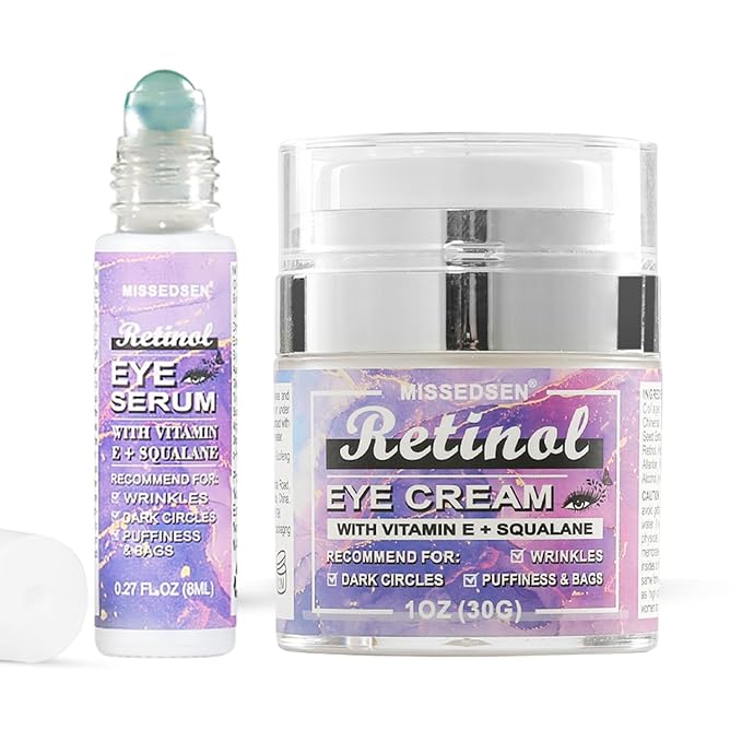 Retinol Vitamin C Eye Cream & Serum Set for Anti-Aging Treatment - Gentle Formula for Sensitive Skin (30g/1 OZ and 8ml/0.27 OZ)