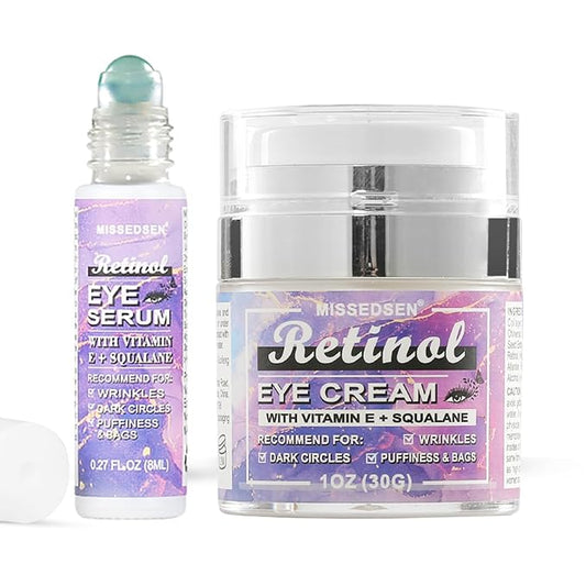Retinol Vitamin C Eye Cream & Serum Set for Anti-Aging Treatment - Gentle Formula for Sensitive Skin (30g/1 OZ and 8ml/0.27 OZ)