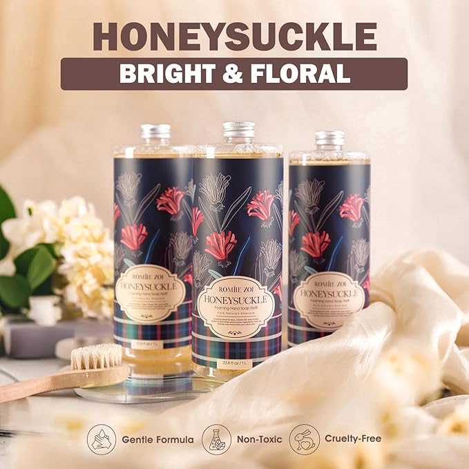 Foaming Hand Soap Refill Gift Set – Honeysuckle Scent – 3 Pack (1000ML Each) with Dispenser, Gentle & Moisturizing Plant-Based Formula – Bulk Refill Bottles for Bathroom & Kitchen Use