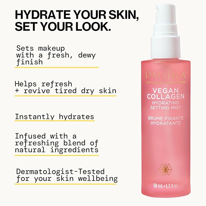 Pacifica Beauty Vegan Collagen Hydrating Setting Mist – Hydrating Illuminating Face Primer for Dewy Skin, w/Vegan Collagen & Squalane for Radiant Glow, Soft-Focus Pore Blurring Makeup Base