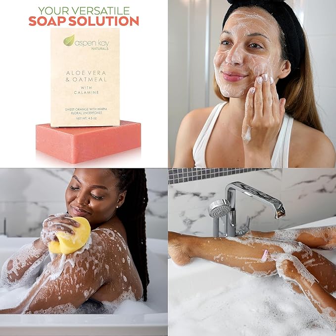 Aloe Vera & Oatmeal Soap Bar with Calamine, Natural & Organic Ingredients - Organic Aloe Vera & Colloidal Oats. Face & Body - for Men, Women & Teens. Gentle Body Wash. 4.5 oz Bar (Pack of 3)