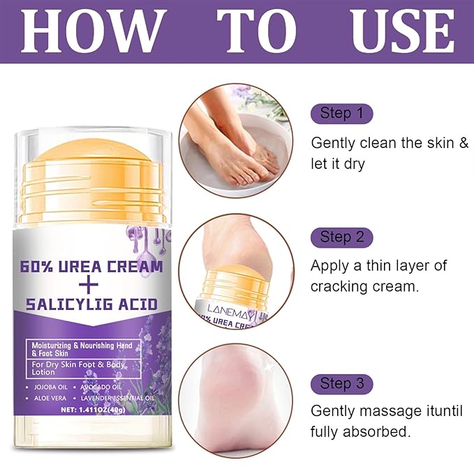 60% Urea Cream - 1.41 oz Lavender Foot Hand Cream Stick for Dry & Cracked Feet Elbows Knees Heels Hands, Hydrates & Nourish Foot Care for Softening and Moisturizing, Removing Calloused Skin