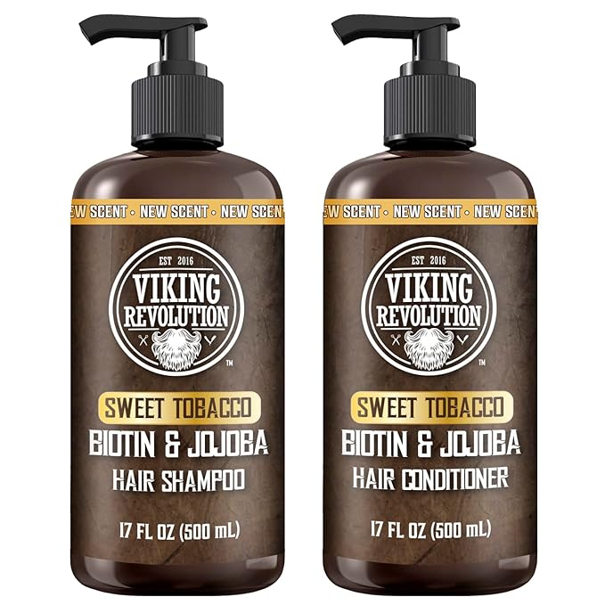 Viking Revolution Sweet Tobacco Mens Shampoo and Conditioner Set with Biotin and Jojoba Oil - Natural Hair Shampoo and Hair Conditioner for Men with Vitamin B5 - Mens Shampoo for Thinning Hair (17Oz)