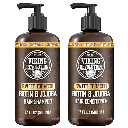 Viking Revolution Sweet Tobacco Mens Shampoo and Conditioner Set with Biotin and Jojoba Oil - Natural Hair Shampoo and Hair Conditioner for Men with Vitamin B5 - Mens Shampoo for Thinning Hair (17Oz)