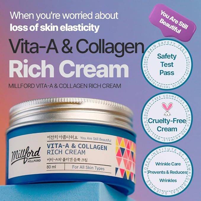 Vita A & Collagen Rich Cream 80ml/2.7 Oz, Fish/Marine Collagen, Face Cream, Anti Aging, Facial Moisturizer, Wrinkes, Fine Lines, Retinyl Palmitate, Korean Skincare