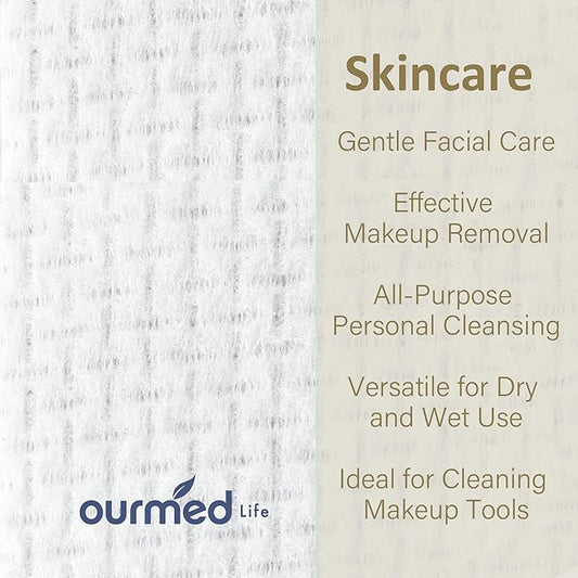 Ourmed Life Face Towels, Disposable Biodegradable Facial Towels for Sensitive Skin, Lint- free Face Wipes for Washing Face, Skincare and Makeup Remover, Dry Wipes, 10"×12" Extra Large, 50 Count