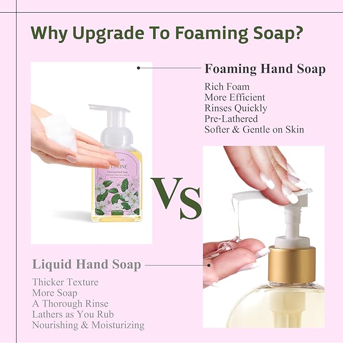 Natural Jasmine Foaming Hand Soap Refills 3-Pack (33.8 Fl Oz Each) with Dispenser - Plant-Based, Non-Toxic, Large Volume for Kitchen, Bathroom - Great Value Gift Set for Housewarming