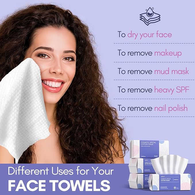 PoeticEHome Extra Thick Face Towels Disposable | Cotton Soft Dry Wipes Biodegradable for Facial Cleansing & Makeup Remover (4 Pack)