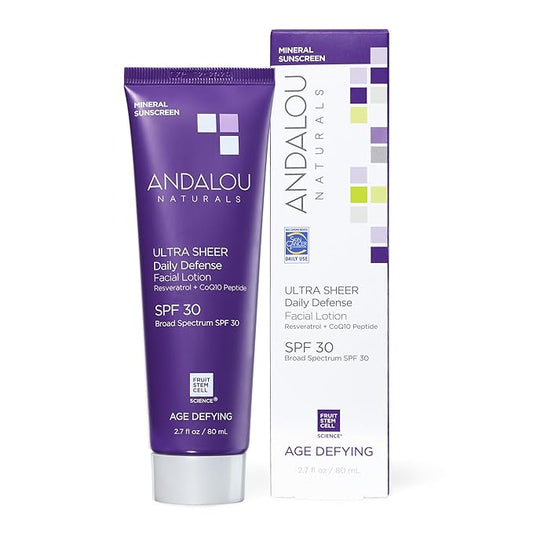 Andalou Naturals Age Defying Ultra Sheer Daily Defense Mineral Sunscreen SPF 30 | Face Lotion with Zinc Oxide | Lightweight Anti-Aging Sun Protection | 2.7 fl oz