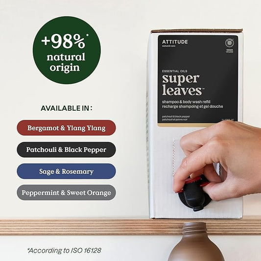 ATTITUDE 2-in-1 Body Wash and Hair Shampoo, EWG Verified Shower Gel, Dermatologically Tested, Made with Naturally Derived Ingredients, Vegan Personal Care, Patchouli and Black Pepper, 67.6 Fl Oz