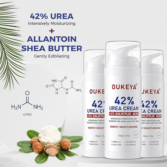 OUKEYA Urea Cream 42 Percent For Feet Plus 2% Salicylic Acid 5.29 oz, Foot Cream and Hand Cream Maximum Strength Intensive Repair Treatment, 3 Pack