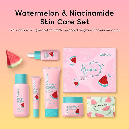 Watermelon Niacinamide Skin Care Set, Routine Beauty Skin Care for Teens- Gift Set with Cleanser, Toner, Eye Cream, Cream, Serum, Facial Glow Up Set for Women, Girls, Travel Sets, for All Skin Types