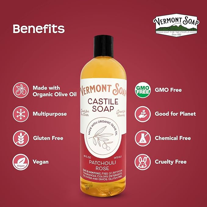 Vermont Castile Soap Patchouli Rose, Gentle Liquid Soap for Sensitive Skin & Natural Body Wash, Organic Hair Shampoo for Oily Hair, Aloe Castile Soap for Men & Women - 16 Oz