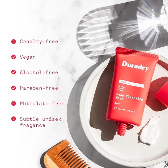 Duradry Deodorizing Body Wash for Women and Men - Odor control, Deep Cleansing, Nourishes and Moisturizes Skin, Made with Natural Ingredients - Aqua Fragrance, Travel Size - 2.5 Fl Oz (Pack of 3)