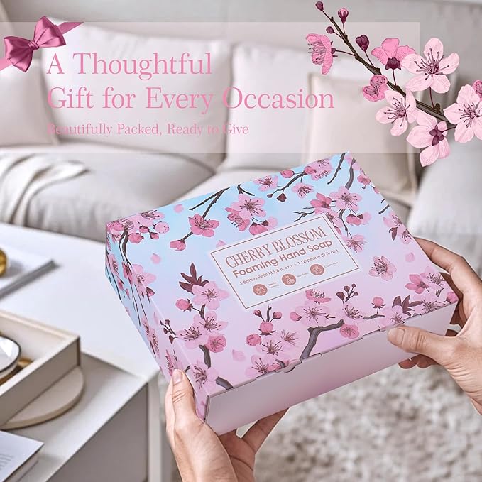 Cherry Blossom Foaming Hand Soap Refill Gift Set – 3 Pack*33.8 Fl Oz with Refillable Dispenser, Refreshing Floral Scent, Moisturizing & Chemical-Free for Bathroom, Kitchen, Sensitive Skin