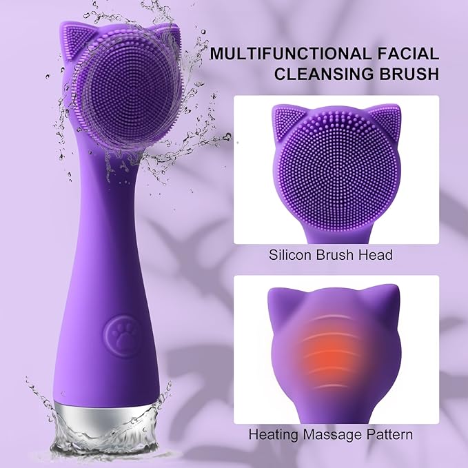 Facial Cleansing Brush, Silicone Face Scrubber Exfoliator for Men & Women, Electric Facial Brush Waterproof, with 3 Speeds Adjustable for Deep Cleaning, Removing Blackhead, Face Massaging (Purple)