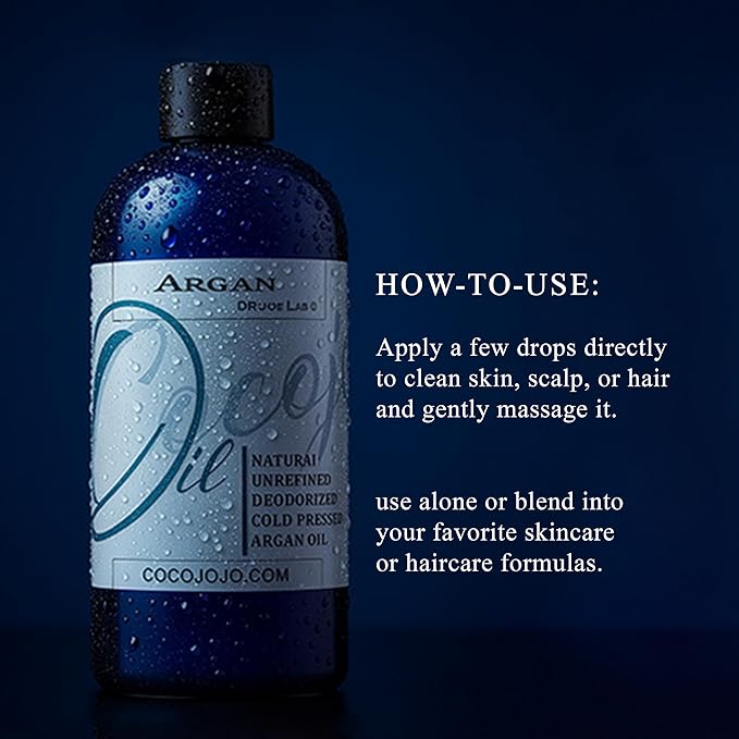 cocojojo Argan Oil Deodorized, Argan Oil for Hair, Hair Treatment, 100% Pure Organic, Oils for Face, Unrefined Unscented Cold Pressed Extra Virgin - 16 Oz